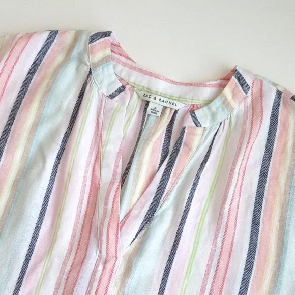Zac & Rachel Women's Short Sleeve Pink Stripe Linen Rayon Blend V Neck Top S - Picture 3 of 12